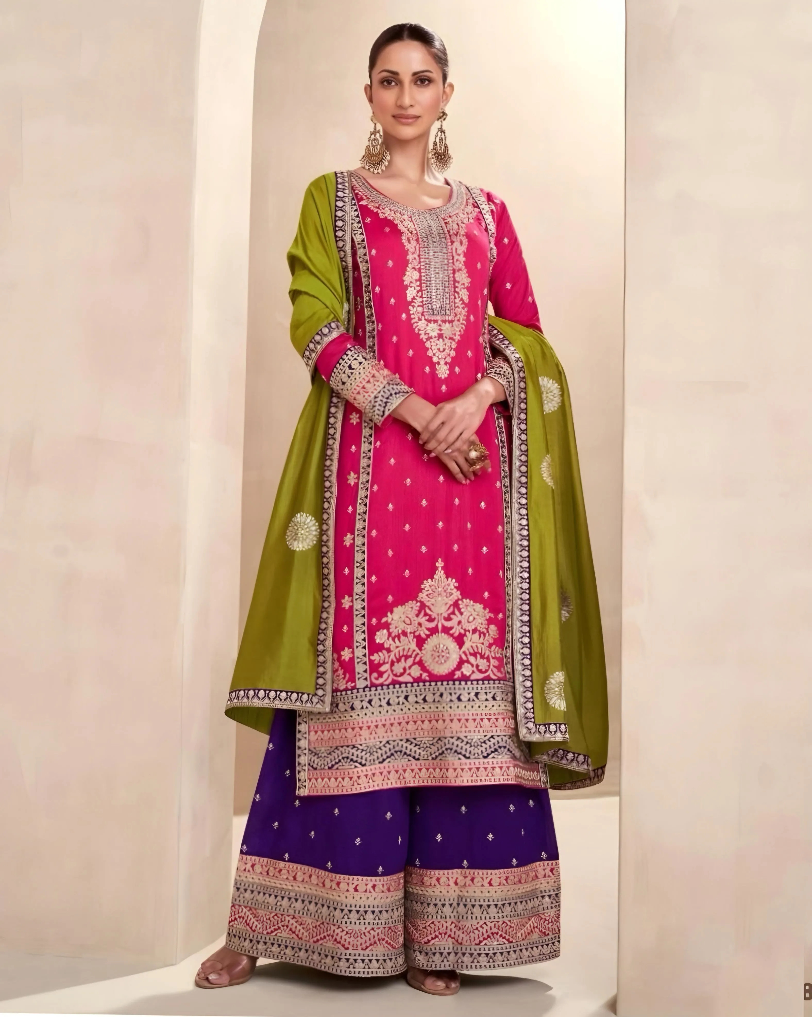 Premium Silk Embroidered Palazzo Suits Fuchsia Pink