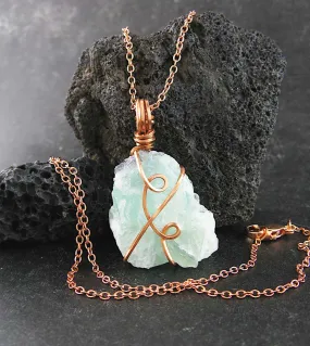 Raw Fluorite Crystal Pendant, Copper Wire-Wrapped, with 20 Chain, Handmade