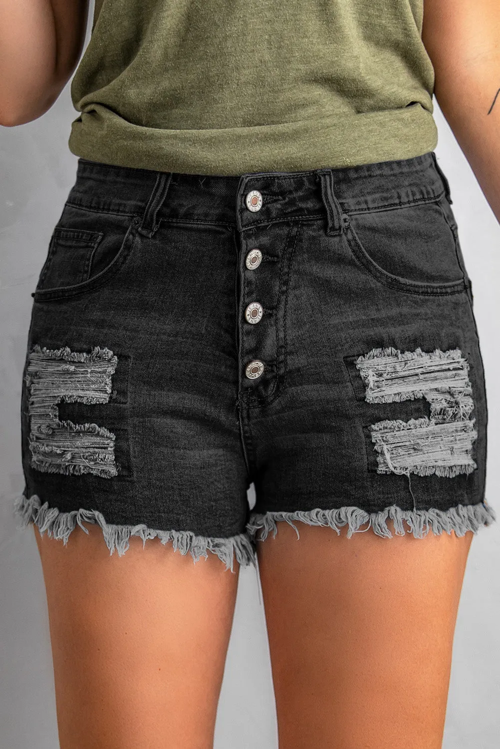 Shorts Donna Jeans Bottoni Passanti Tasche Frange Strappi Monocolore Casual