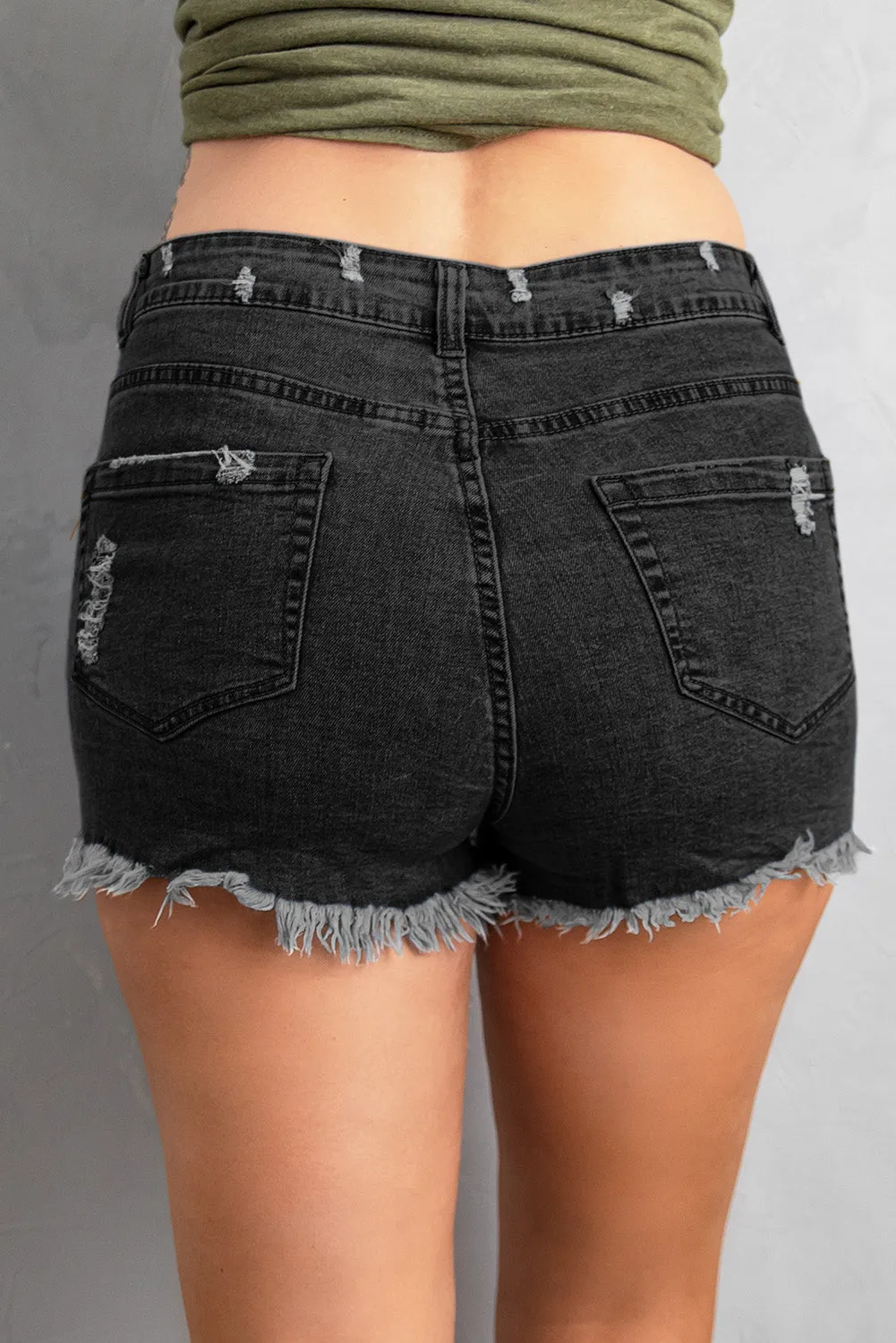 Shorts Donna Jeans Bottoni Passanti Tasche Frange Strappi Monocolore Casual