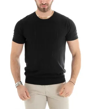 T-Shirt Uomo Manica Corta Tinta Unita Filo Rigata Girocollo Nero GIOSAL-TS2892A