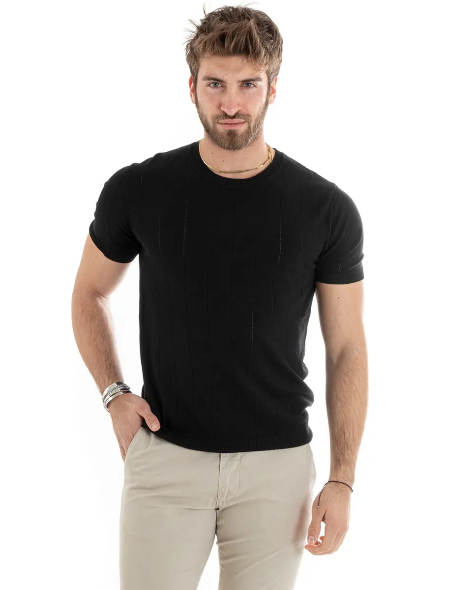 T-Shirt Uomo Manica Corta Tinta Unita Filo Rigata Girocollo Nero GIOSAL-TS2892A