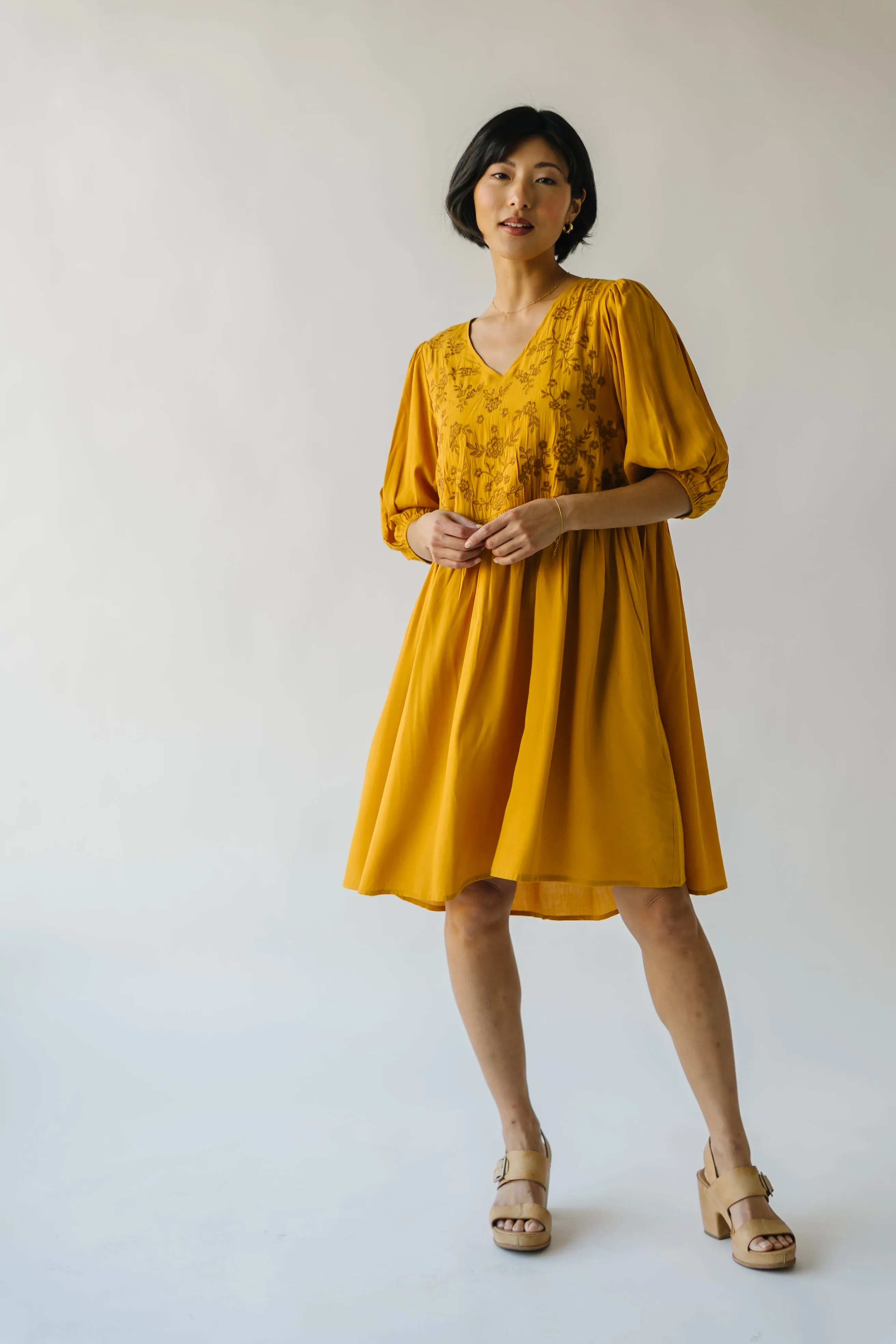 The Delaina Embroidered Floral Dress in Dark Mustard