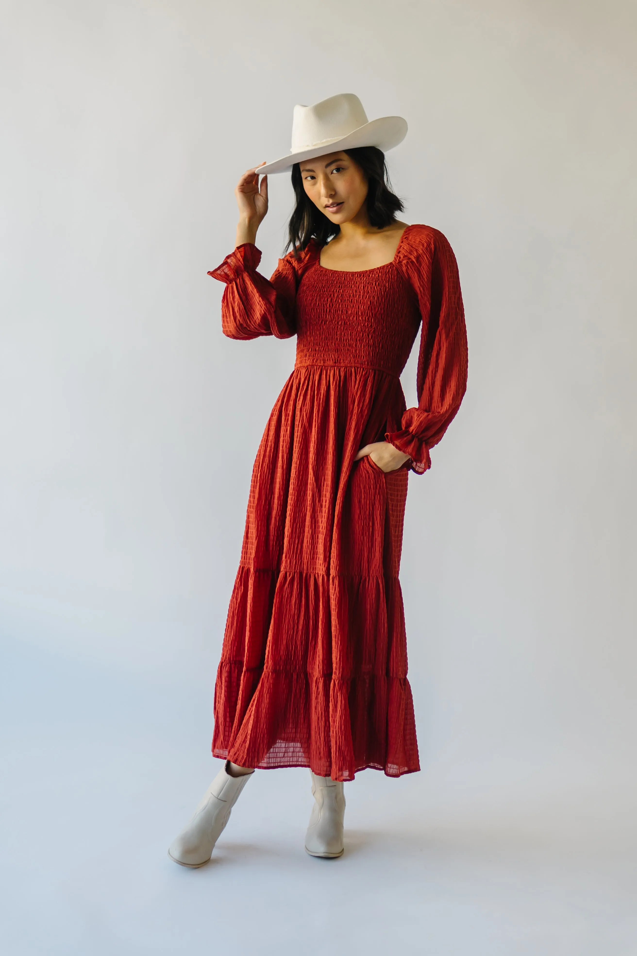 The Macedonia Tiered Midi Dress in Rust