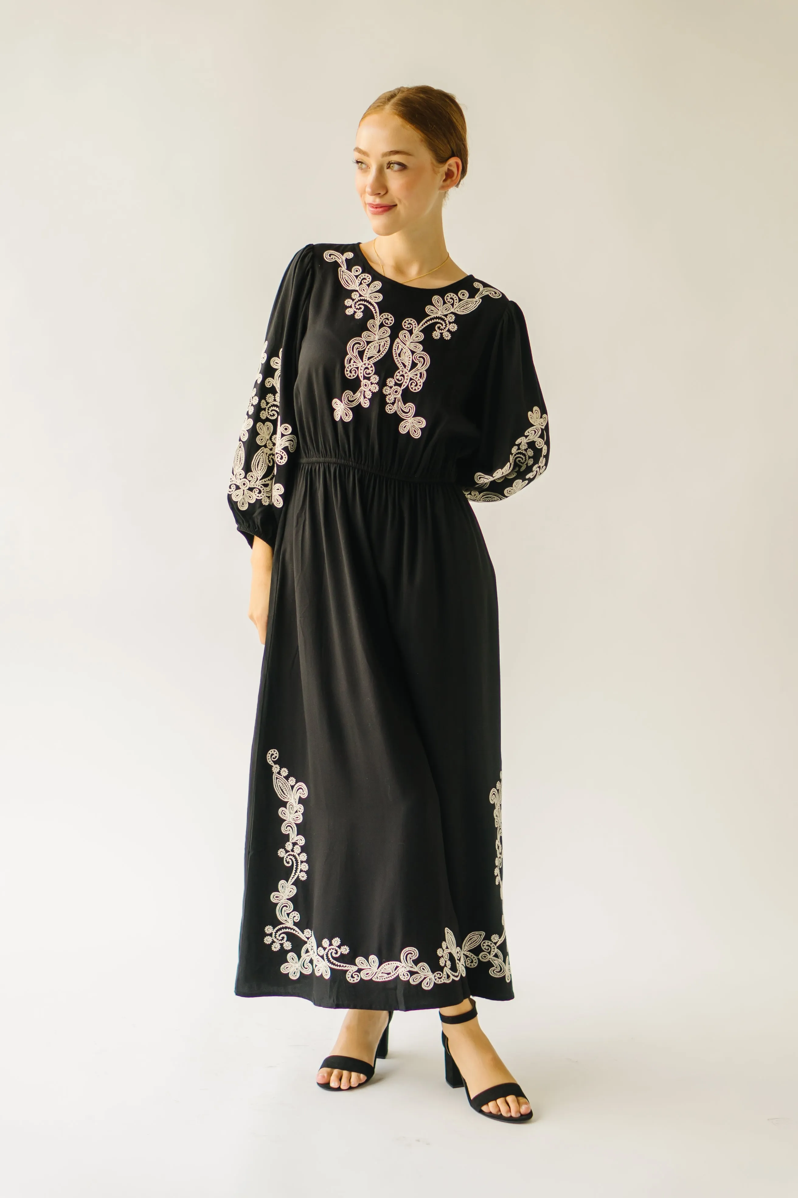 The Trimble Embroidered Midi Dress in Black