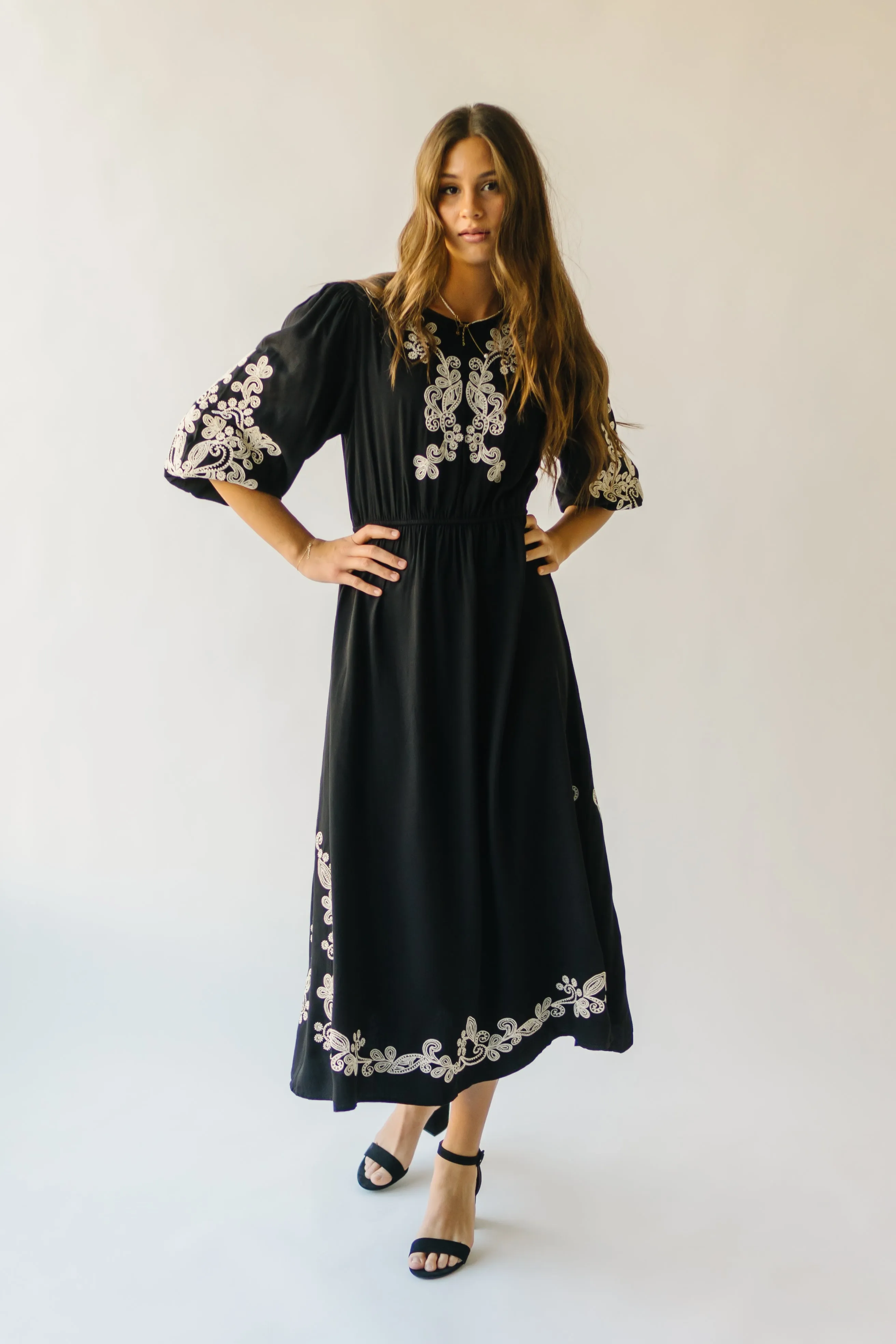 The Trimble Embroidered Midi Dress in Black