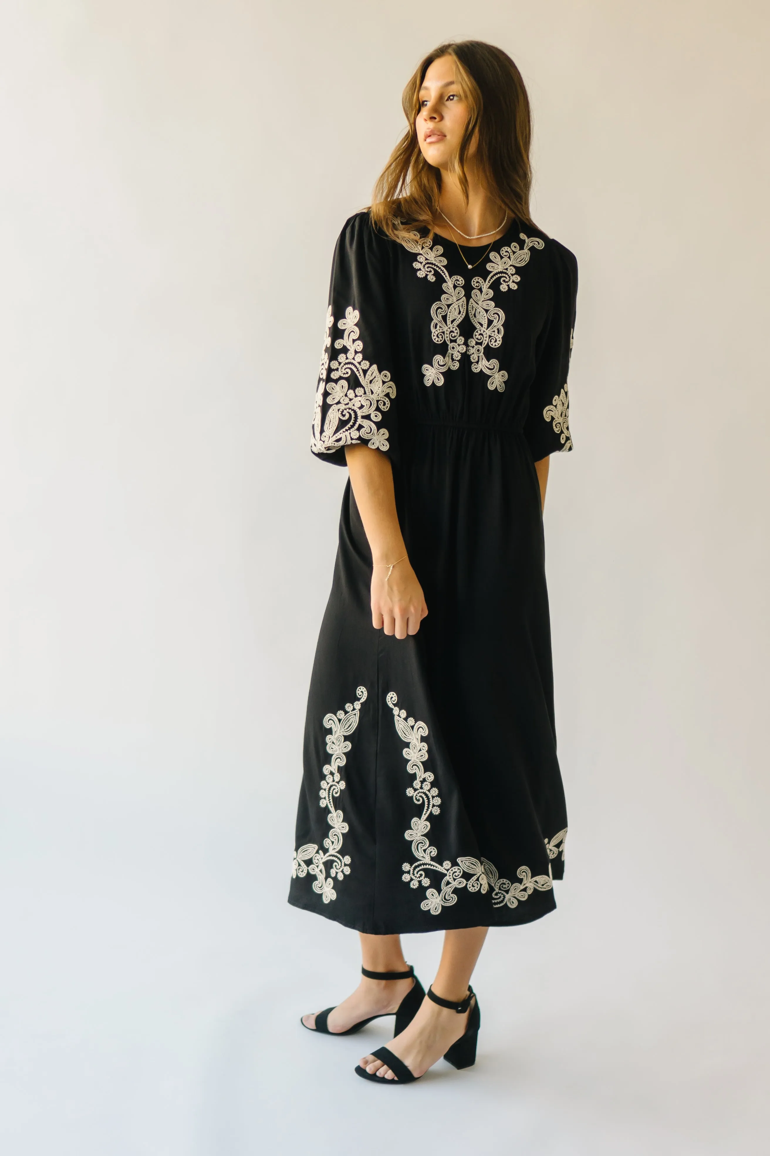 The Trimble Embroidered Midi Dress in Black