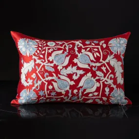 Uzbekistan Embroidered Pillow - Blue and Red Blooms