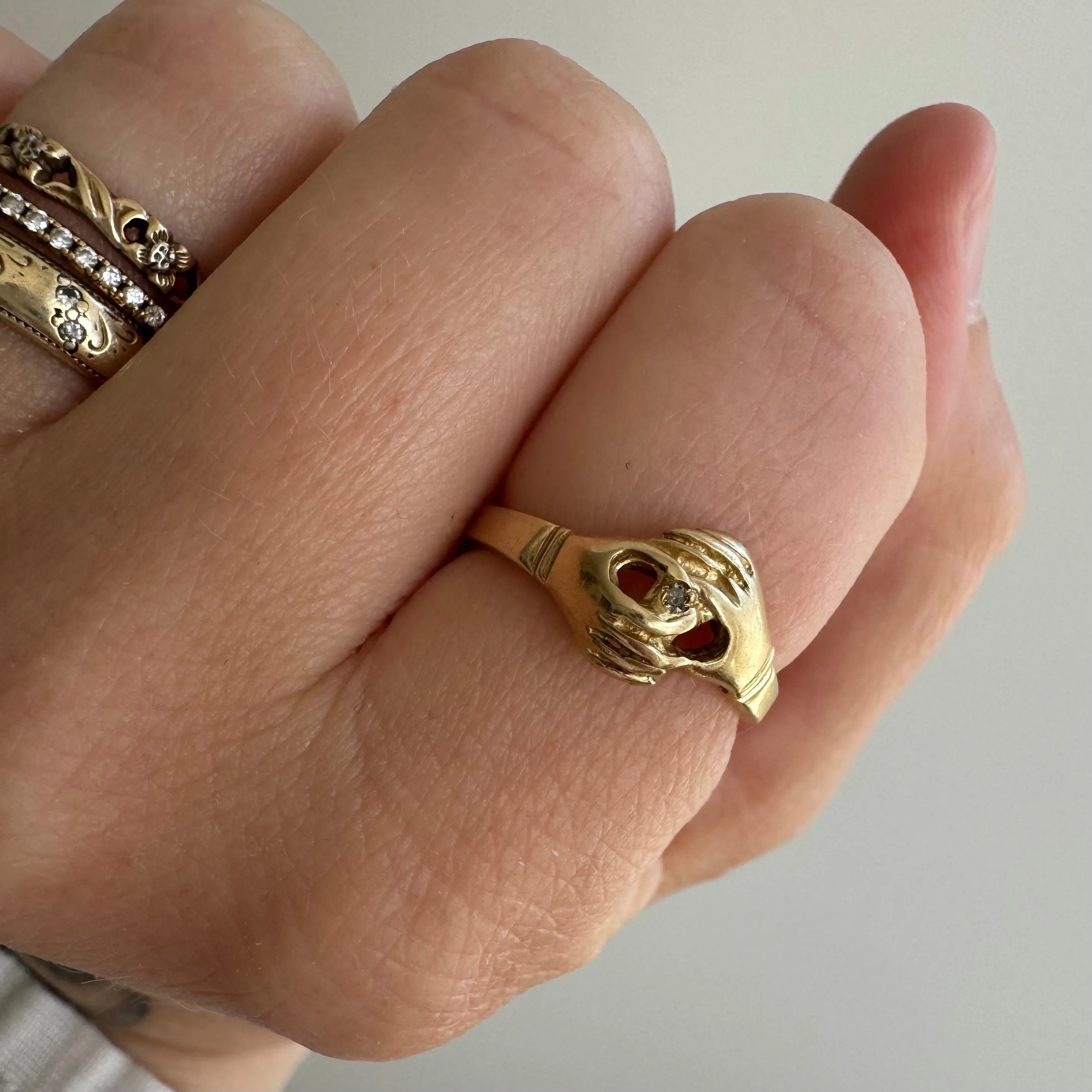 V I N T A G E // sparkly partnership / 14k yellow gold fede gimmel ring / Claddagh / size 5.5