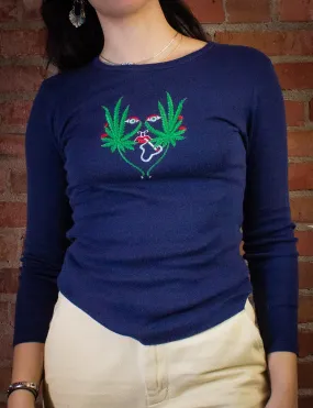 Vintage Embroidered Weed Face Graphic T Shirt 70s Blue XS