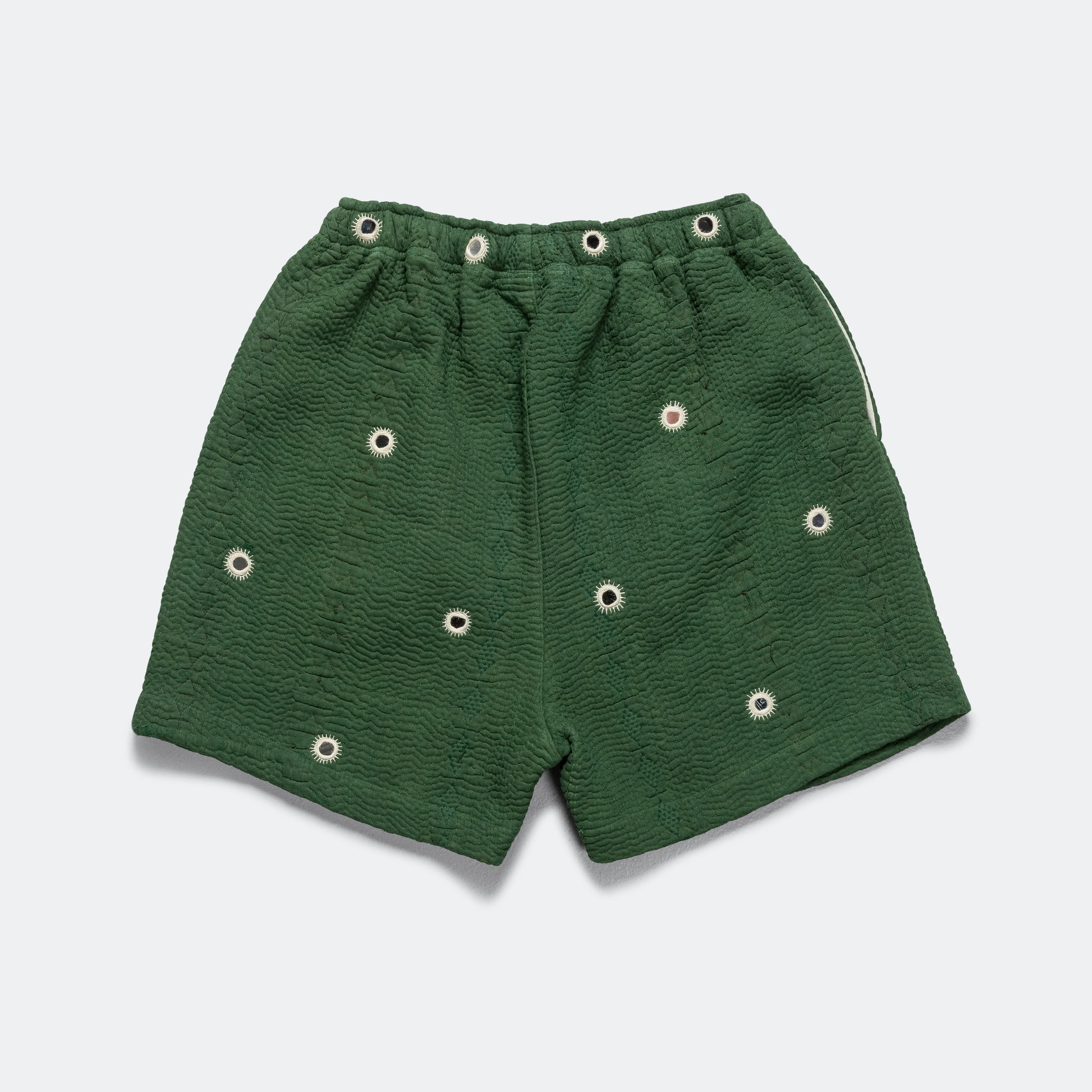 Vintage Kantha Overdye Shorts - Green/Mirrors