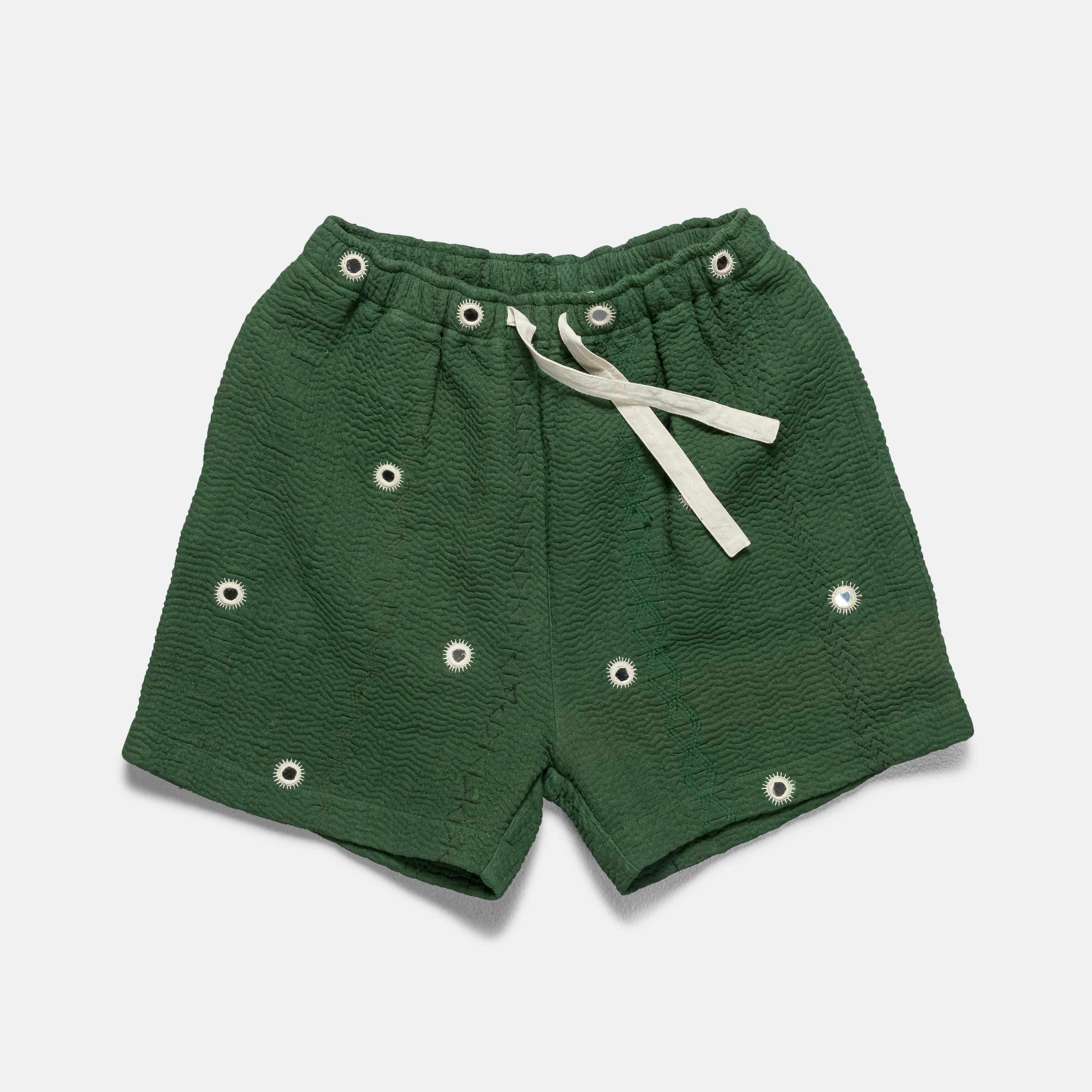 Vintage Kantha Overdye Shorts - Green/Mirrors