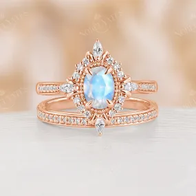 Vintage Oval Moonstone Milgrain & Pave Engagement Ring Set Rose Gold