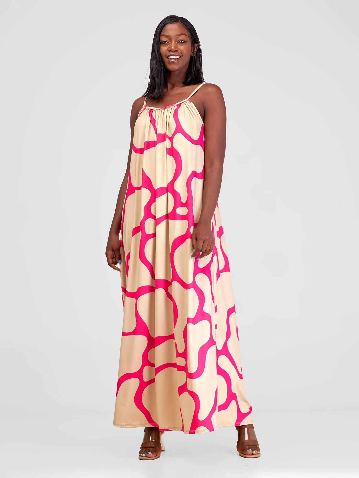 Vivo Sarabi Strappy Low Back Maxi Dress - Taupe / Pink Milia Print