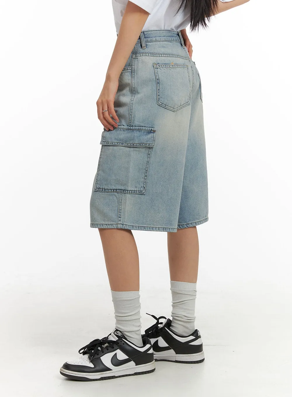 Washed Cargo Denim Jorts IA417