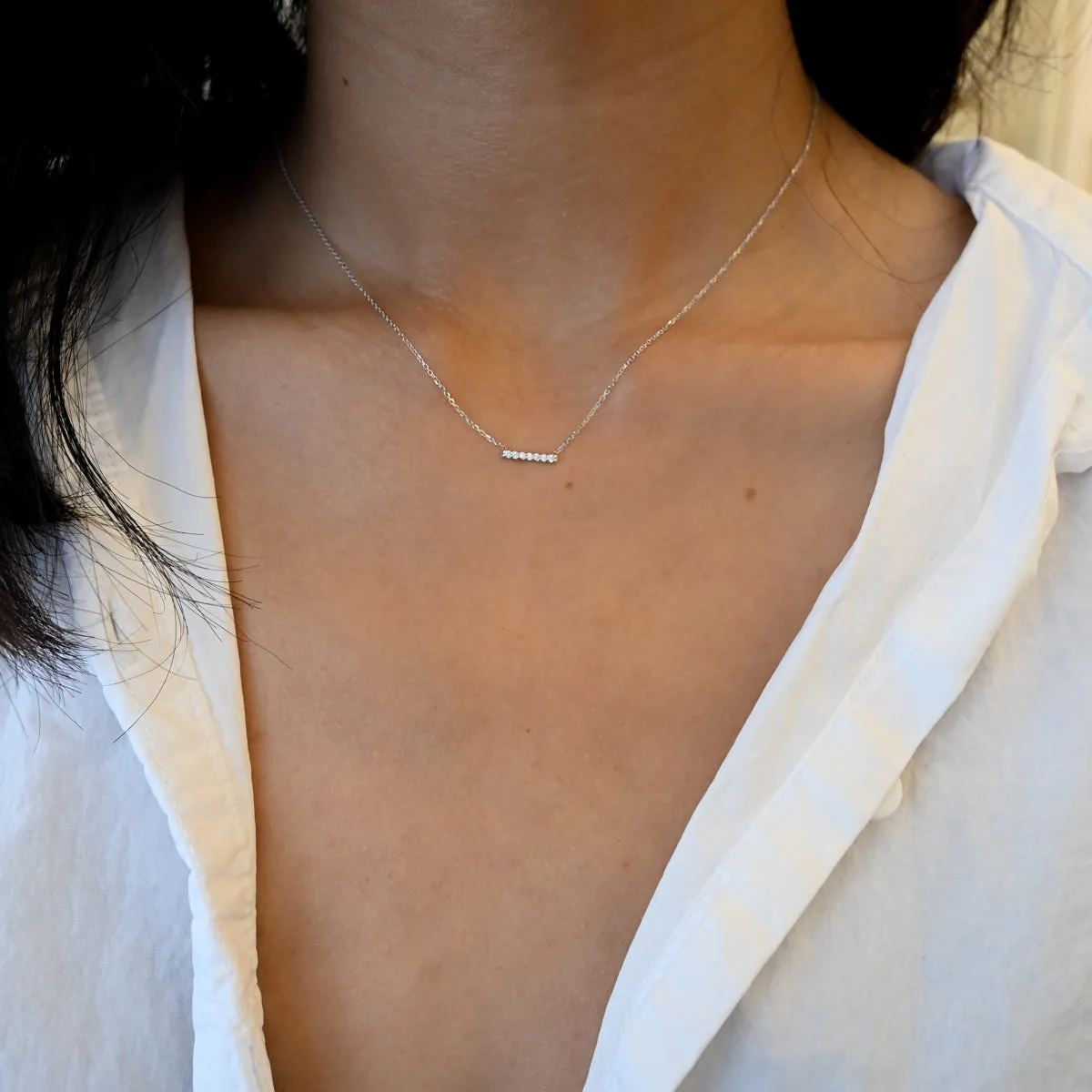 White Gold 7 Diamond Pavé Bar Necklace