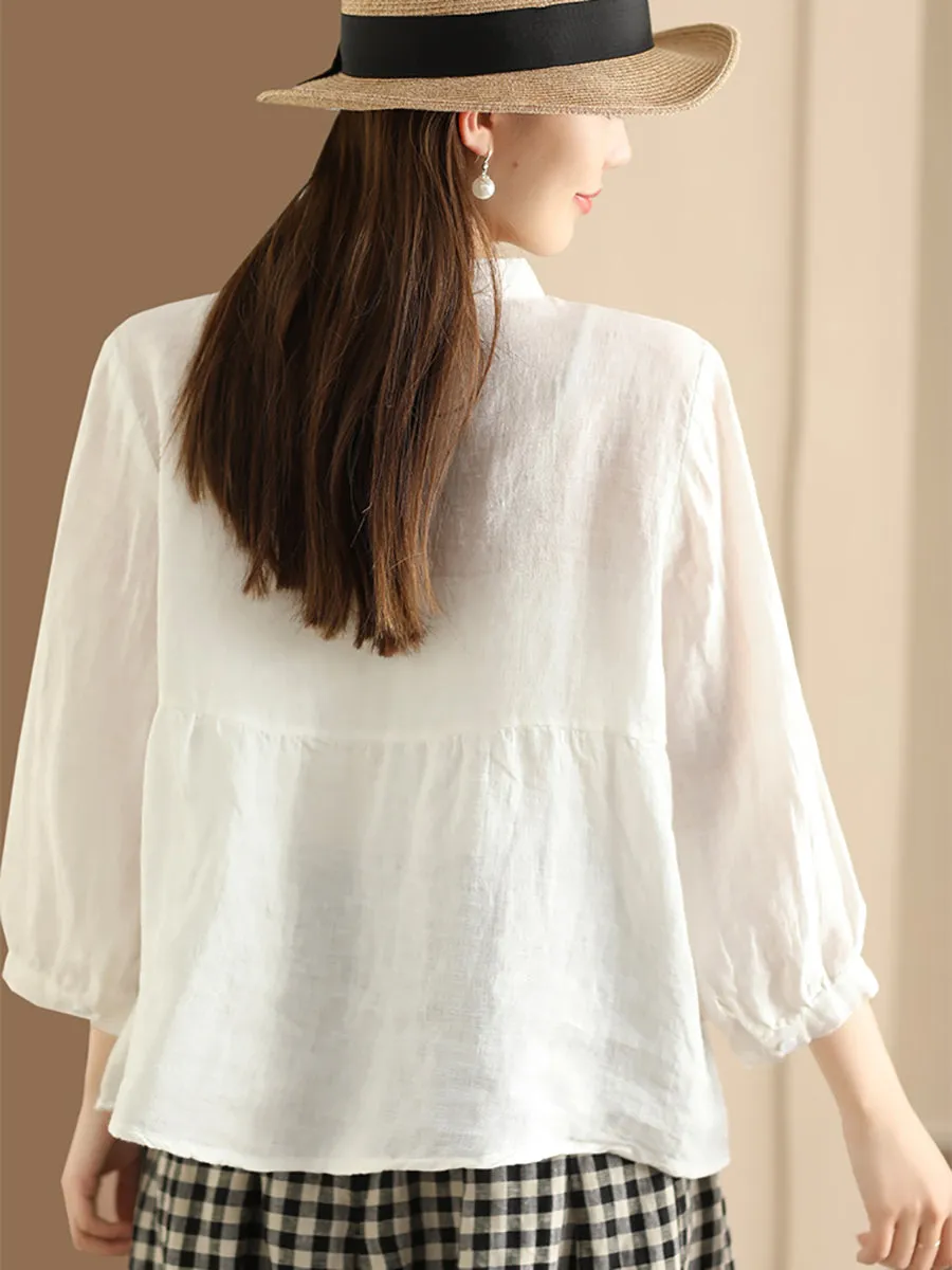 Women Retro Solid Spring Pullover Linen Shirt KL1030