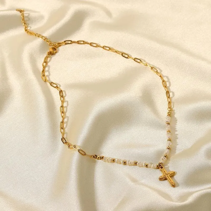 Women's Pearl Cross Pendant Necklace