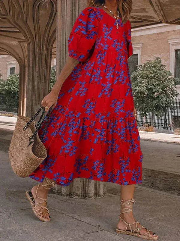 Women's Versatile Midi Swing Dress with Long Sleeves and Floral Ruffle Design